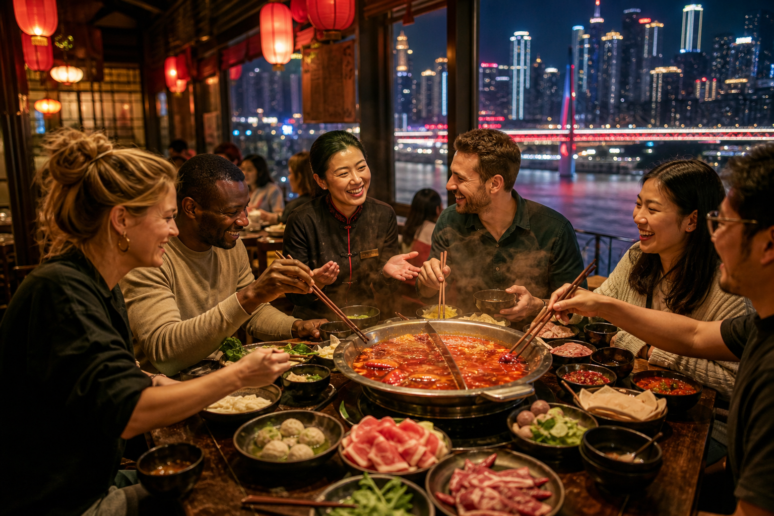 International visitors sharing Chongqing hotpot with local hosts