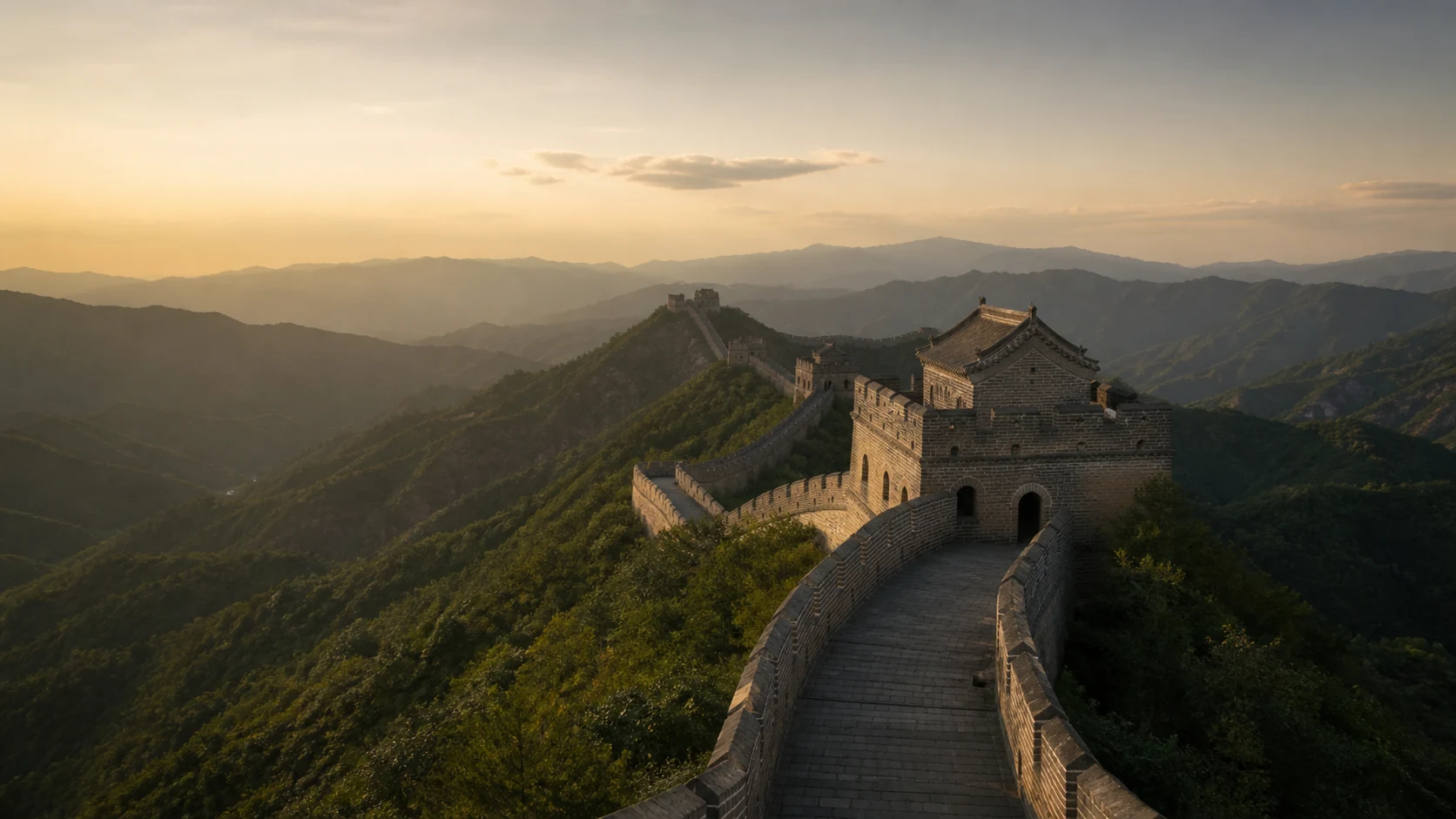 The Great Wall winding through the mountains in the early morning